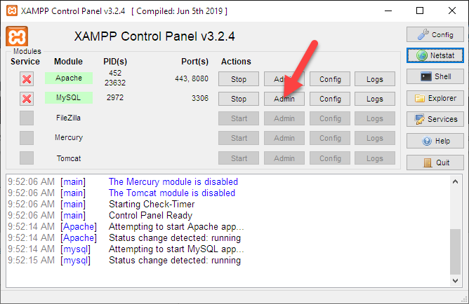 Starting phpMyAdmin